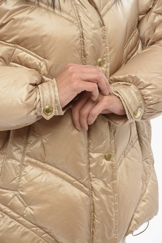 Quilted Puffer Jacket with Fur on Hood and Gold-Effect Buttons