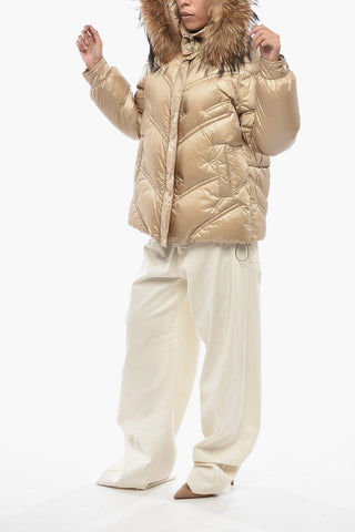 Quilted Puffer Jacket with Fur on Hood and Gold-Effect Buttons