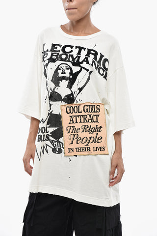 T-s-shirt Girocollo in Cotone Oversized con Stampe a Contrasto e Ricamo Patch