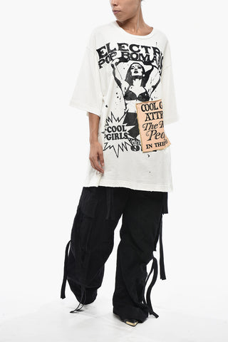 T-s-shirt Girocollo in Cotone Oversized con Stampe a Contrasto e Ricamo Patch