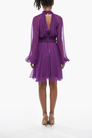 Flared Tie-Neck Silk Dress with Deep V-Neck