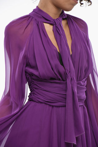 Flared Tie-Neck Silk Dress with Deep V-Neck