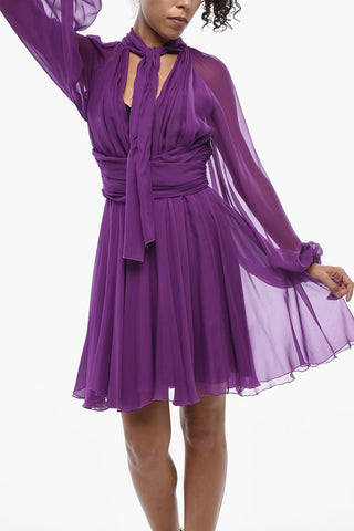 Flared Tie-Neck Silk Dress with Deep V-Neck