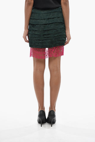 Satin Mini Skirt With Botanical Print And Lace Hem