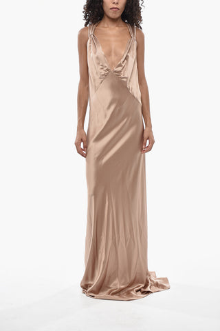 Fitted Satin Maxi Dress With Crisscross Straps