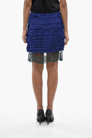 Satin Mini Skirt With Botanical Print And Lace Hem