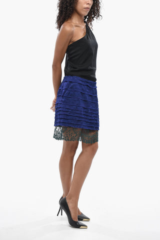 Satin Mini Skirt With Botanical Print And Lace Hem