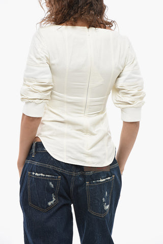 Linen-Blend Blouse FIONA with Three-Quarter Puff Sleeves and Square Neckline