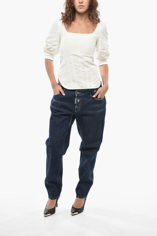 Linen-Blend Blouse FIONA with Three-Quarter Puff Sleeves and Square Neckline