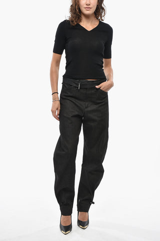 Cotton Jeans with Ankle Buttons and Belt 19cm