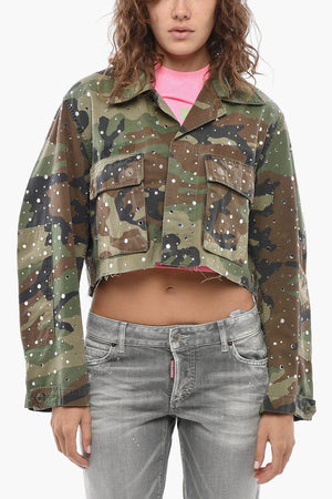 Cropped Denim Jacket With Camouflage Print And Crystals