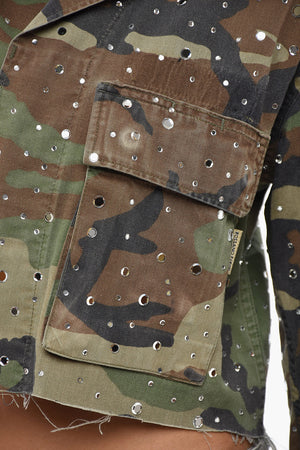 Cropped Denim Jacket With Camouflage Print And Crystals