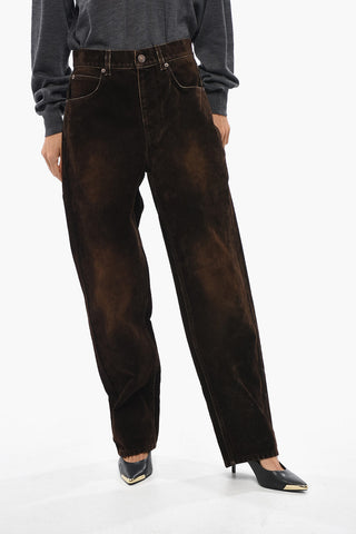 Velour Five-Pocket Trousers With Logo Button