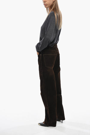 Velour Five-Pocket Trousers With Logo Button