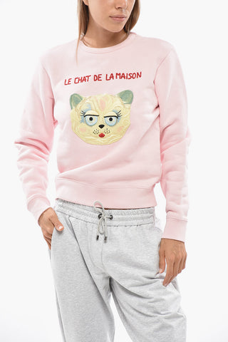 Brushed Cotton Crewneck Sweatshirt LE CHAT DE LA MAISON with Front Embroidery