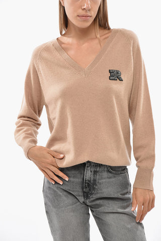 Cashmere-Blend V-Neck Sweater with Patch Embellished with Rhinestones