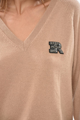 Cashmere-Blend V-Neck Sweater with Patch Embellished with Rhinestones