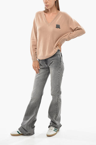 Cashmere-Blend V-Neck Sweater with Patch Embellished with Rhinestones