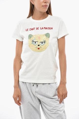 Crewneck Cotton Jersey T-Shirt LE CHAT DE LA MAISON with Front Embroidery