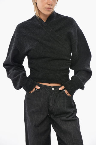 Solid-Color Wool Sweater with Cross-Over Design