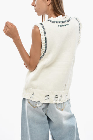 Sleeveless Cotton Crewneck Top With Distressed Effect