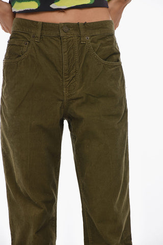 Five-Pocket Ribbed Velour Pants with Logo Button