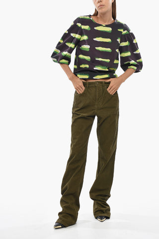 Five-Pocket Ribbed Velour Pants with Logo Button
