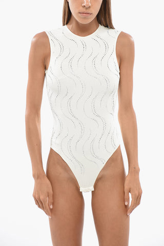 Sleeveless Bodysuit Embellished with Rhinestones