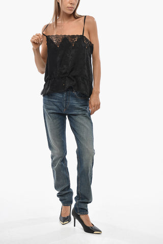 Solid Silk Top with Floral Motif and Lace Trim