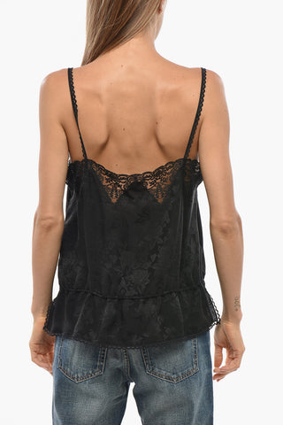 Solid Silk Top with Floral Motif and Lace Trim