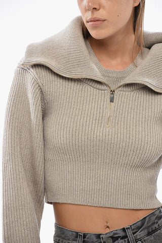 Merino Wool Cropped-Fit Sweater with High Neck and Half Zip