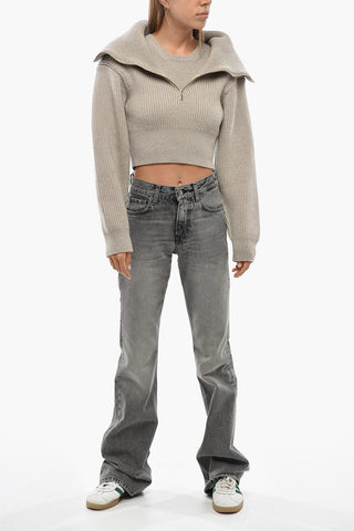 Merino Wool Cropped-Fit Sweater with High Neck and Half Zip