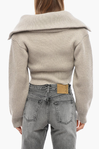 Merino Wool Cropped-Fit Sweater with High Neck and Half Zip