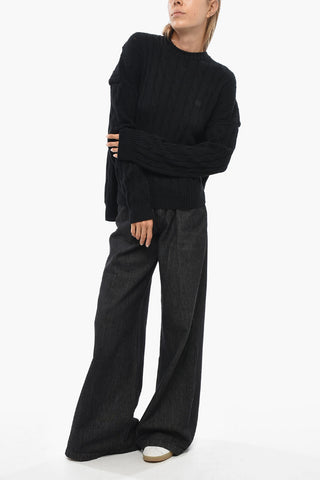 Relaxed-Fit Cotton Cable-Knit Crewneck with Dropped Shoulders