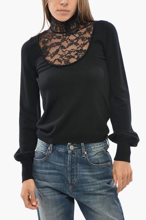 Einfarbiger Pullover aus Schurwolle mit Spitzeinsatz