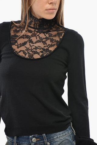 Solid Virgin Wool Sweater with Lace Insert