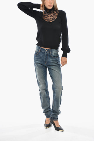 Solid Virgin Wool Sweater with Lace Insert