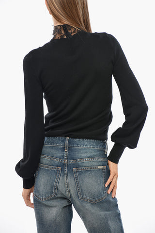 Solid Virgin Wool Sweater with Lace Insert