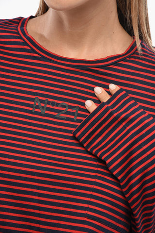 T-shirt Girocollo a Maniche Lunghe Bicolore a Righe Awning