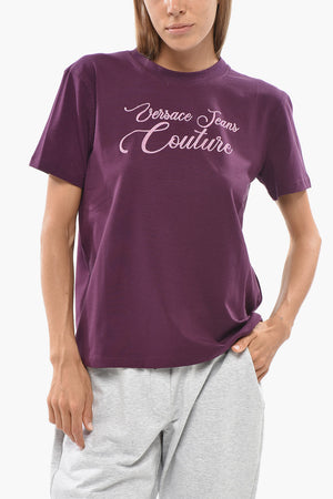 JEANS COUTURE Stretch Cotton Crewneck T-Shirt with Rhinestone-Embellished Logo