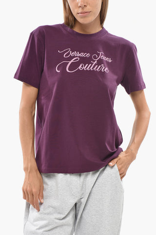 JEANS COUTURE T-Shirt Girocollo in Cotone Stretch con Logo Decorato da Strass