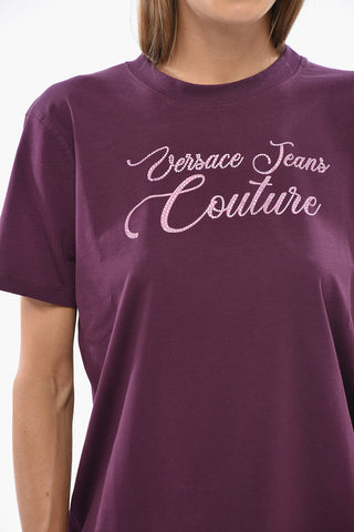 JEANS COUTURE T-Shirt Girocollo in Cotone Stretch con Logo Decorato da Strass