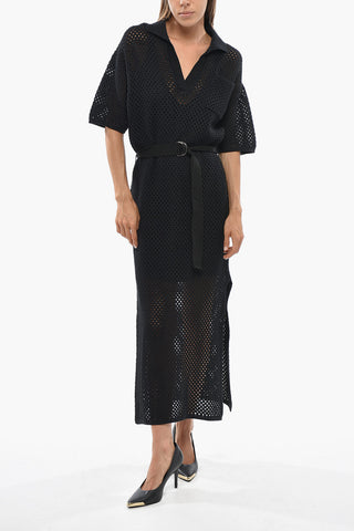 Maxi Vestito in Cotone Crochet con Cintura e Taschino