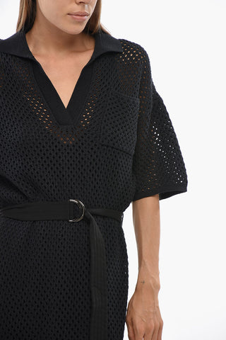 Maxi Vestito in Cotone Crochet con Cintura e Taschino