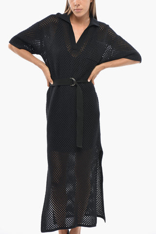 Maxi Vestito in Cotone Crochet con Cintura e Taschino