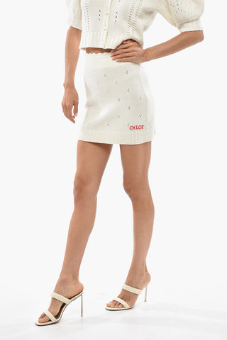 Wool and Cashmere Mini Skirt with Openwork Details and Embroidered Logo