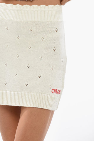 Wool and Cashmere Mini Skirt with Openwork Details and Embroidered Logo