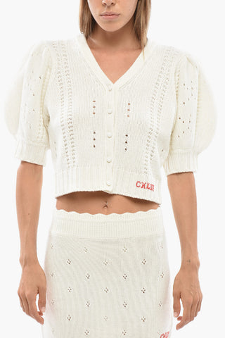 Wool and Cashmere V-Neck Cardigan with Short Puff Sleeves