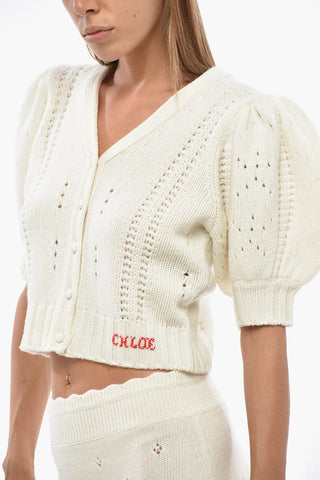 Wool and Cashmere V-Neck Cardigan with Short Puff Sleeves