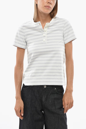 Two-Tone Striped Henley T-Shirt with Decorative Buttons